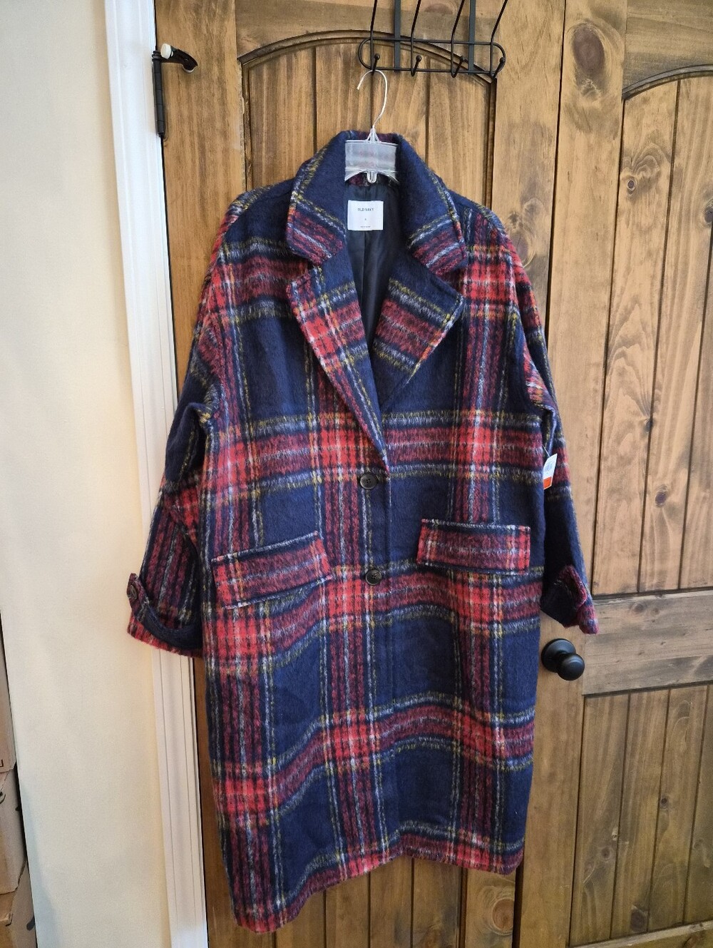 Old Navy Navy Blue and Red Plaid Wool-Blend Long Coat
